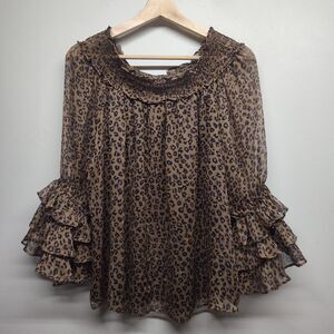 Cece Blouse Top Women Size M Brown Leopard Chiffon Off Shoulder Lined Feminine